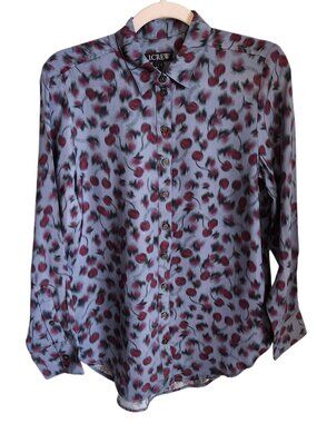 J Crew Shirt Small Blue Women's Drapey Button Up Cherry Printed Viscose Twill